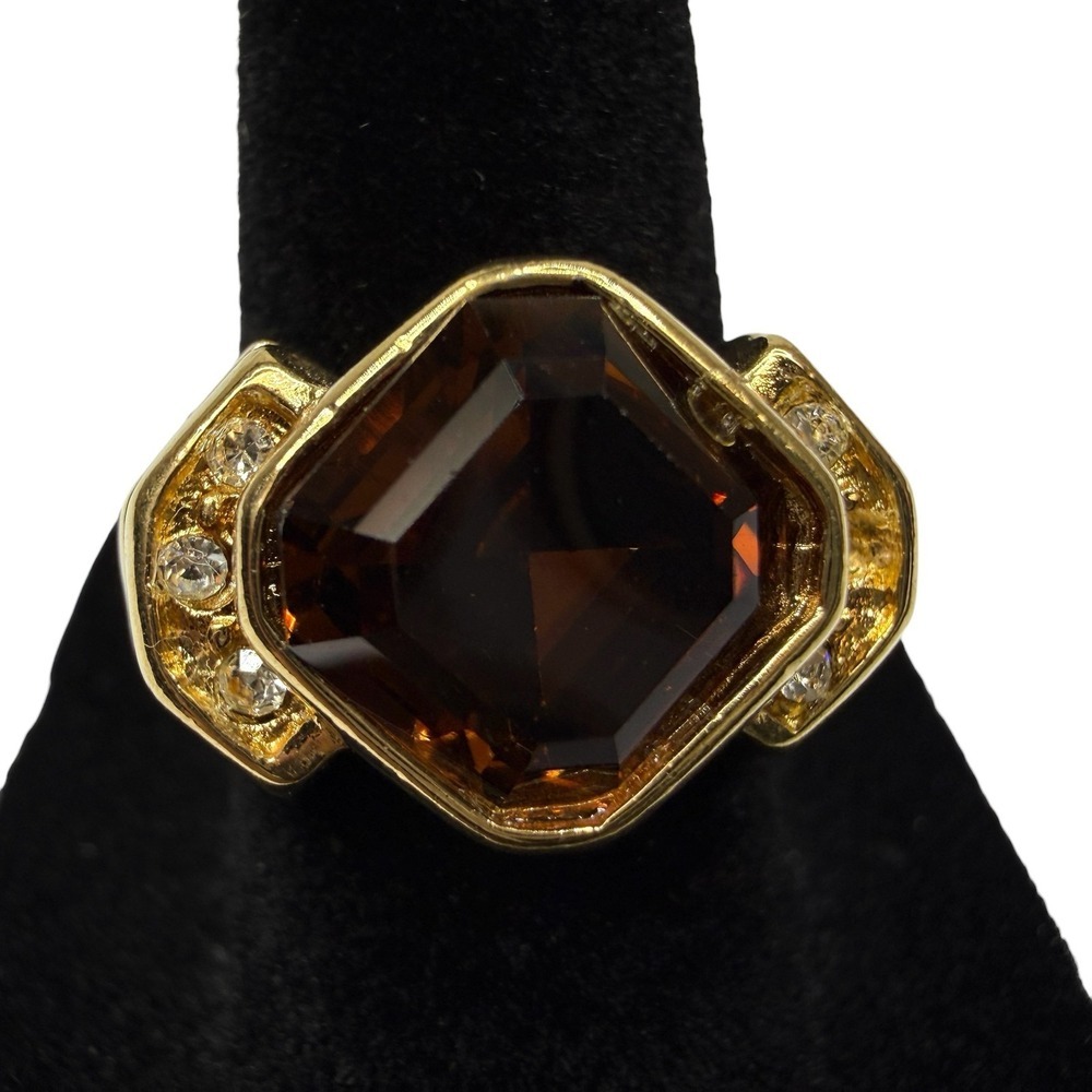 VTG 18K GE Gold Deep Topaz Quartz Gemstone Accent Statement Ring Jewelry Sz 6.5